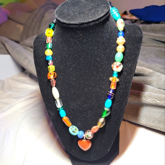 Hand Crafted Jewelry - Colorful Boho Beaded Necklace W/ Red Jasper Heart Pendant - HANDMADE